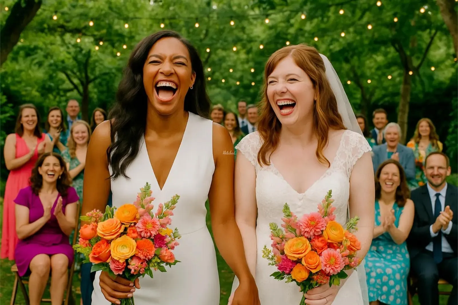 Two brides laughing with orange bouquets